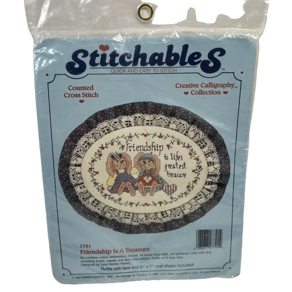 1988 VTG Stitchables Counted Cross Stitch Bunny 7791 Friendship‎ Is A Treasure